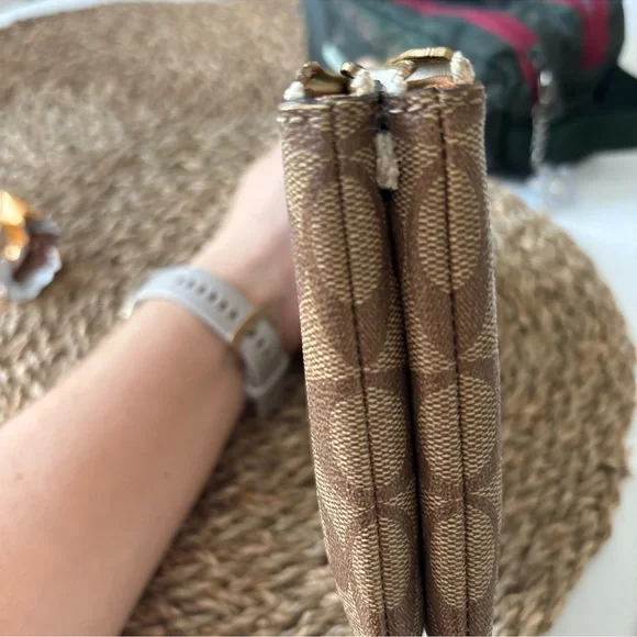 Coach Signature Brown Monogram Pouch Wristlet (No Strap) Double Zip Pouch 8x5” - Picture 6 of 8